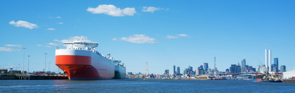 Cargo ship docked in Melbourne, Australia.