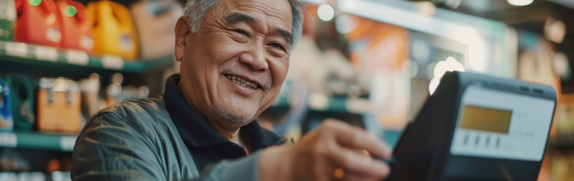 A smiling senior convenience store clerk swipes a credit card at a POS.