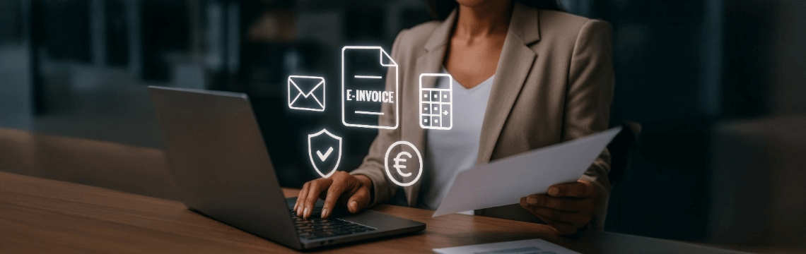 The UK is introducing mandatory e-invoicing: What businesses need to know Office worker processing an e-invoice on a laptop