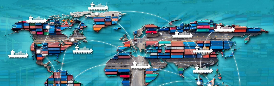 World map with global shipping routes.
