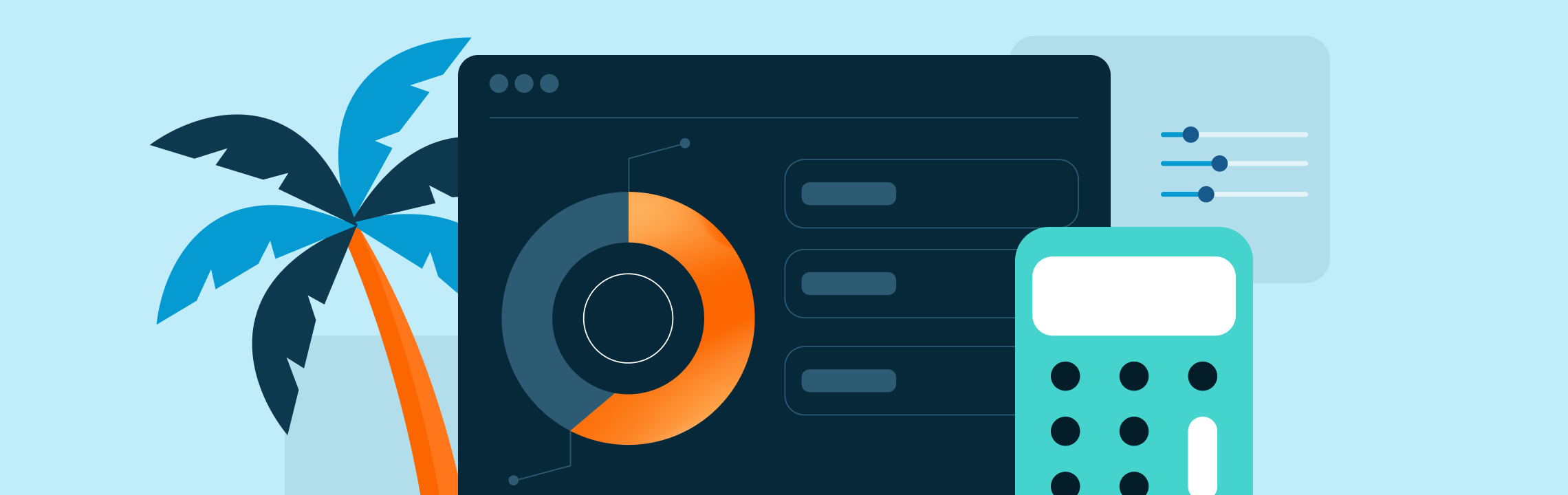 How do IRS payment plans work for businesses? Abstract financial illustration with calculator, pie chart dashboard, and palm tree on light blue background