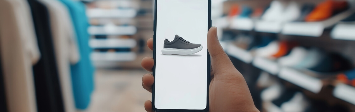 Person shopping for shoes in a store and on their mobile phone.