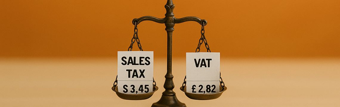 Scales balancing sales receipts on each side. One reads sales tax and the other reads VAT.
