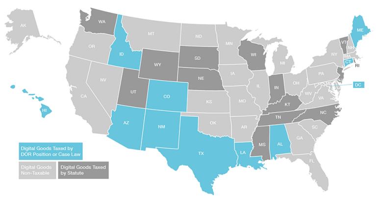 Map of US sates that tax digital goods