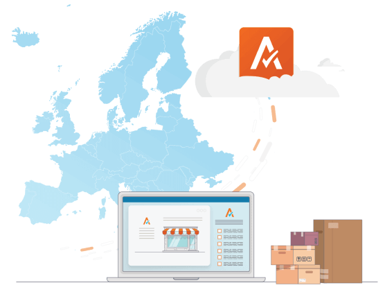 Illustration depicting US and Canada based solutions with a scene of a city
