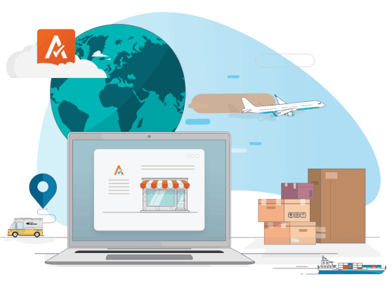 Illustration depicting US and Canada based solutions with a scene of a city